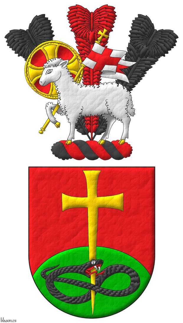 Gules, a base enarched Vert, overall a Latin cross patty fitchy Or, piercing in base the head of a serpent nowed and facing sinister Sable, langued Gules. Crest: Upon a wreath Sable and Gules, in a front of three ostrich feathers alternately Sable and Gules a paschal lamb Argent, nimbed Or and Gules, supporting a staff Or, flying a banner Argent charged with a cross Gules.