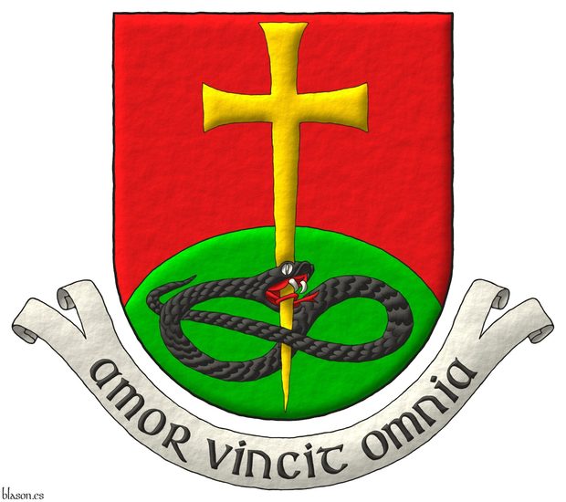 Escudo de gules, un monte de sinople moviente de la punta, brochante sobre el todo una cruz patada y fijada de oro, perforando la cabeza de una sierpe nudada y alterada de sable, lampasada de Gules Lema: Amor vincit omnia.