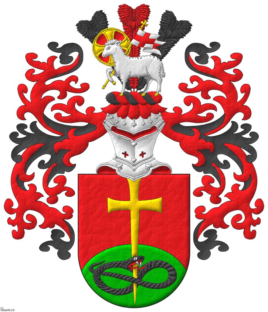 Gules, a base enarched Vert, overall a Latin cross patty fitchy Or, piercing in base the head of a serpent nowed and facing sinister Sable, langued Gules. Crest: Upon a helm affronty, with a wreath Sable and Gules, in a front of three ostrich feathers alternately Sable and Gules a paschal lamb Argent, nimbed Or and Gules, supporting a staff Or, flying a banner Argent charged with a cross Gules. Mantling: Gules doubled Sable.