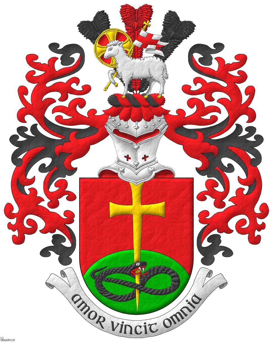 Gules, a base enarched Vert, overall a Latin cross patty fitchy Or, piercing in base the head of a serpent nowed and facing sinister Sable, langued Gules. Crest: Upon a helm affronty, with a wreath Sable and Gules, in a front of three ostrich feathers alternately Sable and Gules a paschal lamb Argent, nimbed Or and Gules, supporting a staff Or, flying a banner Argent charged with a cross Gules. Mantling: Gules doubled Sable. Motto: �Amor vincit omnia�.