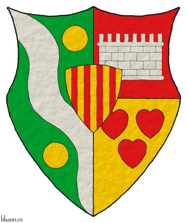Escudo partido y medio cortado: 1.o de sinople, una banda ondada de plata, acompa�ada de dos bezantes de oro puestos en barra; 2.o de gules, un lienzo de muralla de plata; 3.o de oro, tres corazones de gules, 2 y 1; un escus�n de oro, cuatro palos de gules.