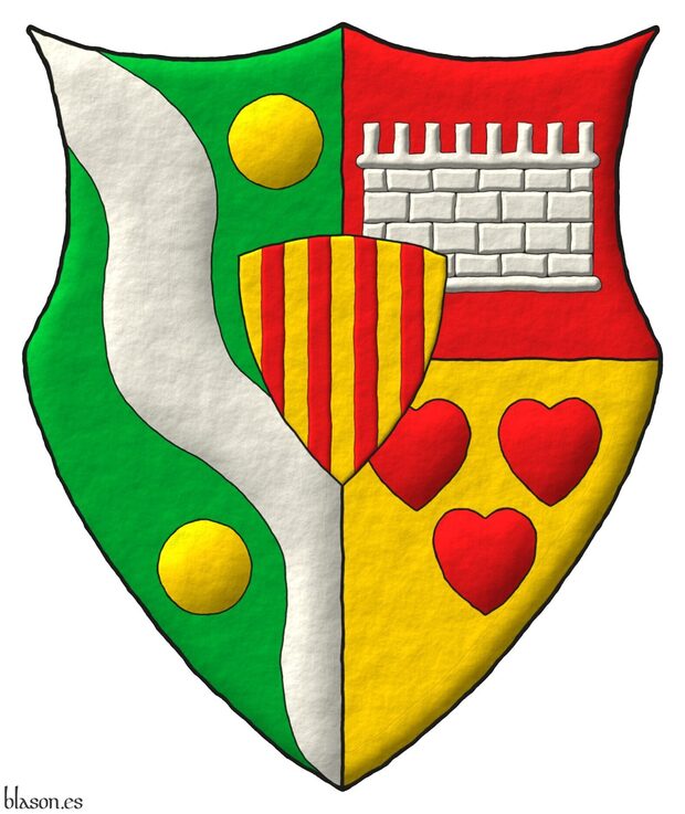 Escudo partido y medio cortado: 1.o de sinople, una banda ondada de plata, acompa�ada de dos bezantes de oro puestos en barra; 2.o de gules, un lienzo de muralla de plata; 3.o de oro, tres corazones de gules, 2 y 1; un escus�n de oro, cuatro palos de gules.
