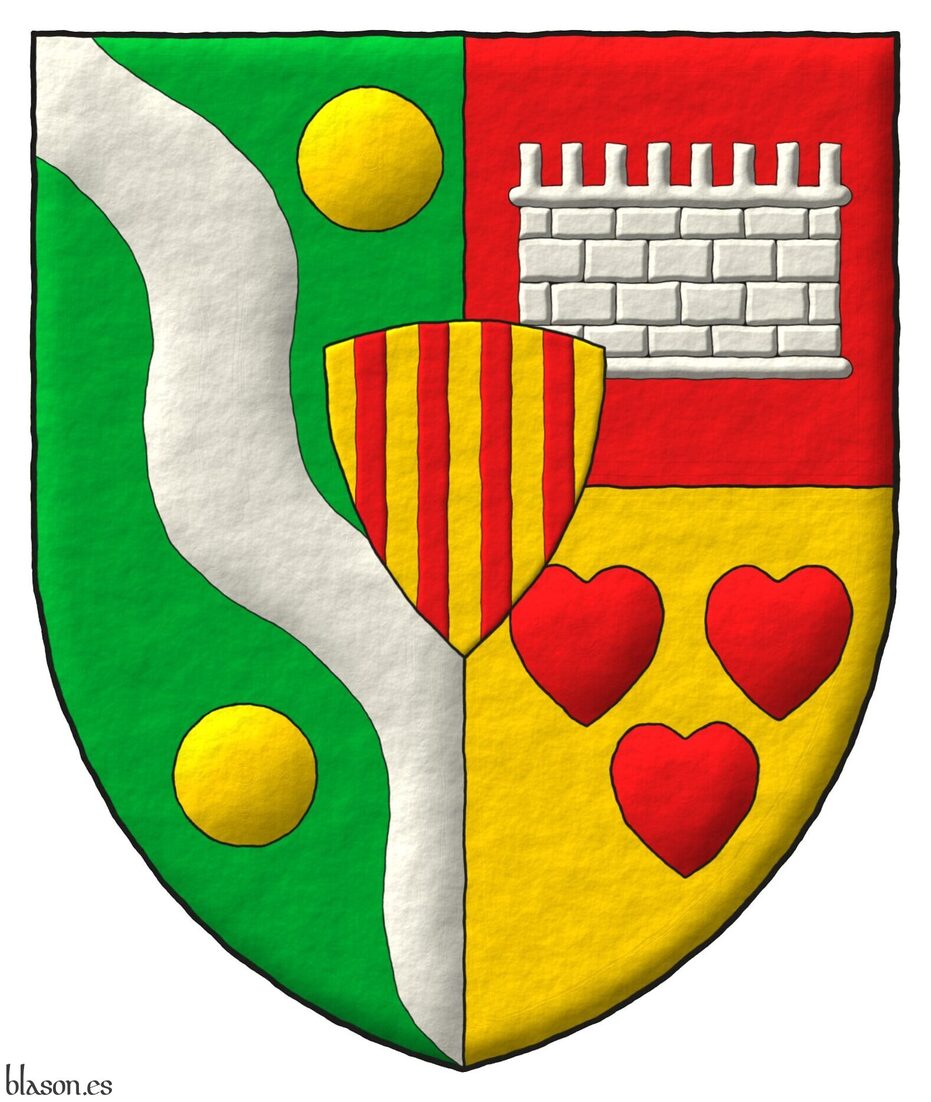Escudo partido y medio cortado: 1.o de sinople, una banda ondada de plata, acompa�ada de dos bezantes de oro puestos en barra; 2.o de gules, un lienzo de muralla de plata; 3.o de oro, tres corazones de gules, 2 y 1; un escus�n de oro, cuatro palos de gules.