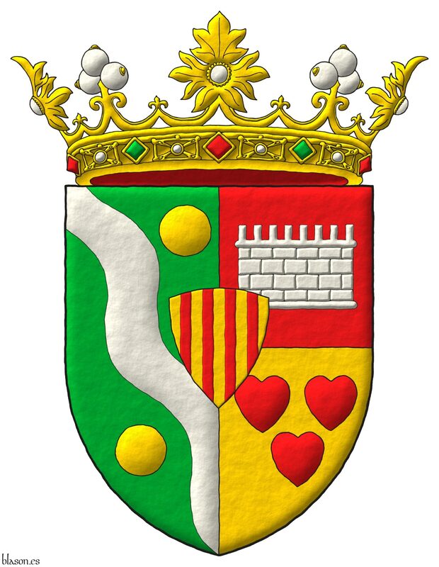 Escudo partido y medio cortado: 1.o de sinople, una banda ondada de plata, acompa�ada de dos bezantes de oro puestos en barra; 2.o de gules, un lienzo de muralla de plata; 3.o de oro, tres corazones de gules, 2 y 1; un escus�n de oro, cuatro palos de gules. Timbrado de una corona de marqu�s.