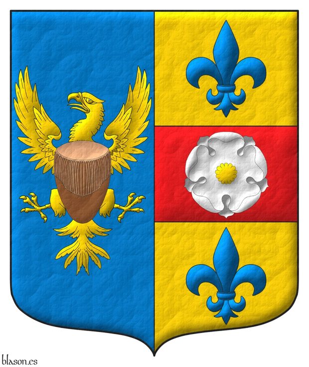 Party per pale: 1 Azure, an eagle displayed Or, charged on the chest with a Royal drum of Bunyoro-Kitara Kingdom proper; 2 Or, on a fess Gules between two fleur de lis Azure, a rose Argent, seeded Or.