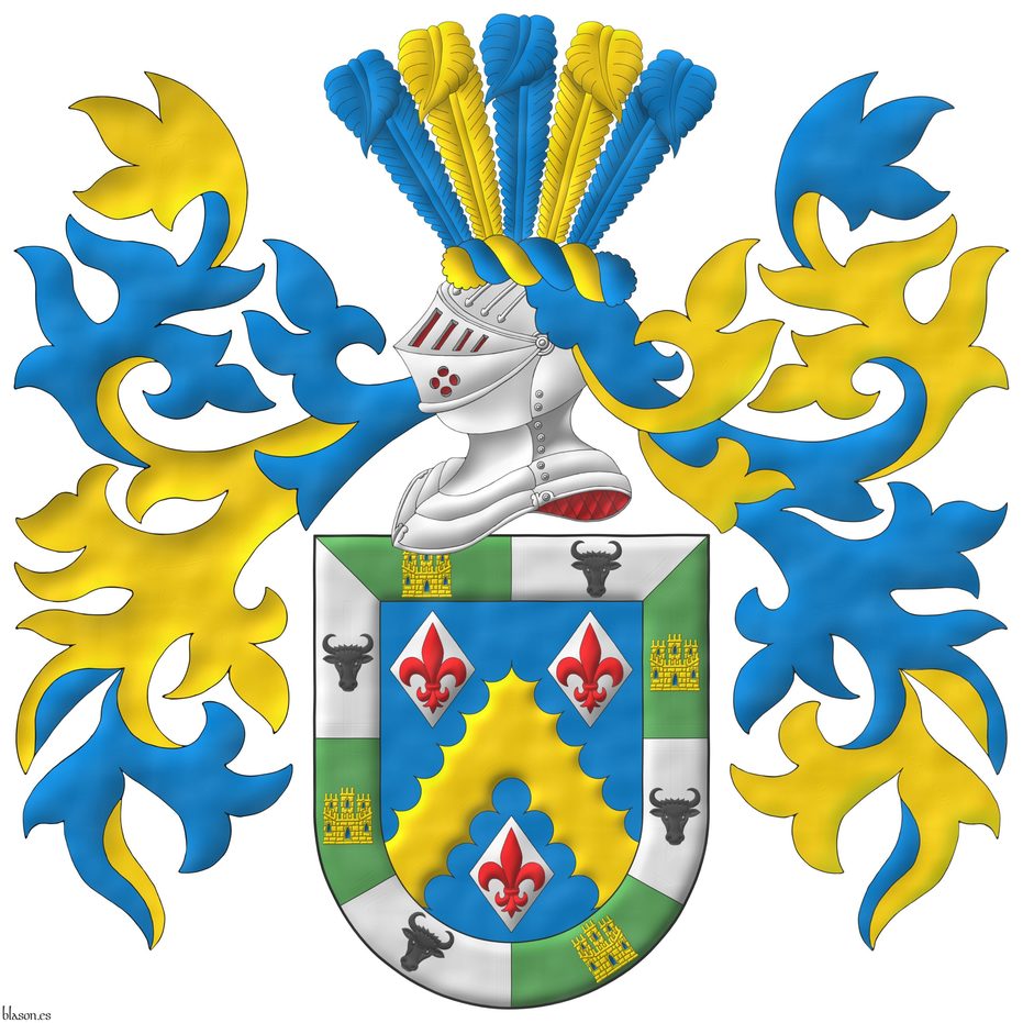 Azure, a chevron engrailed Or between three lozenges Argent, each charged with a fleur de lis Gules; a bordure compony of eight sections, four Vert each charged with a castle triple-towered Or, port and windows Azure, masoned Sable, and four Argent each charged with a bull's head caboshed Sable. Crest: Upon a helm lined Gules, with a wreath Or and Azure, five ostrich feathers, alternately three Azure and two Or. Mantling: Azure doubled Or.