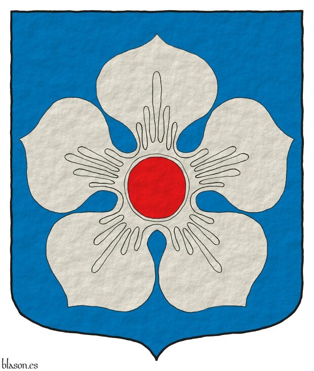 Azure, a cinquefoil Argent, seeded Gules.