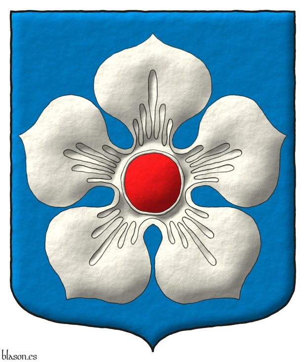 Azure, a cinquefoil Argent, seeded Gules.