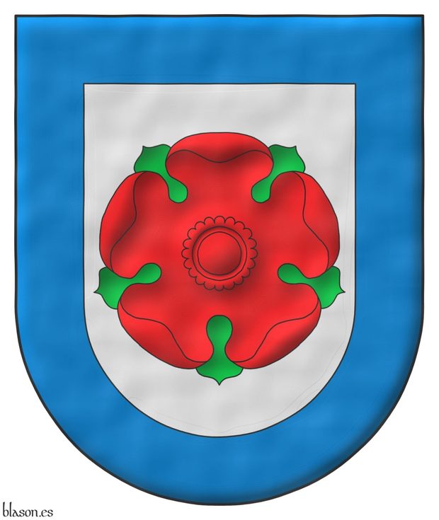 Argent, a rose Gules, barbed Vert; a bordure Azure.