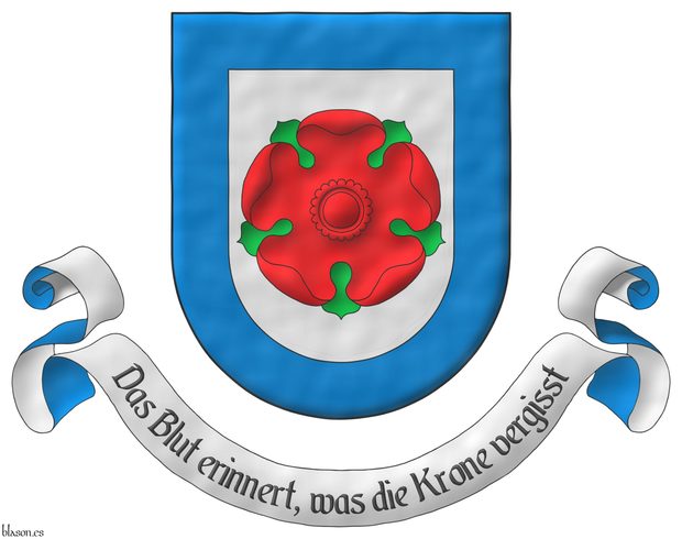 Argent, a rose Gules, barbed Vert; a bordure Azure. Motto: Das Blut erinnert, was die Krone vergisst Sable, over a scroll Argent doubled Azure.