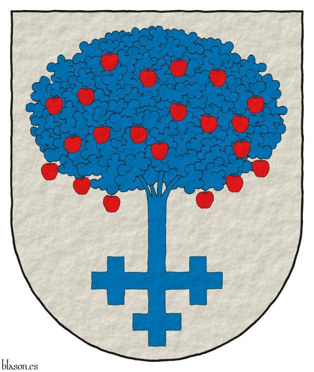 Escudo de plata, un manzano con la punta del tronco en forma de cruz recrucetada de Azur, frutado de gules.