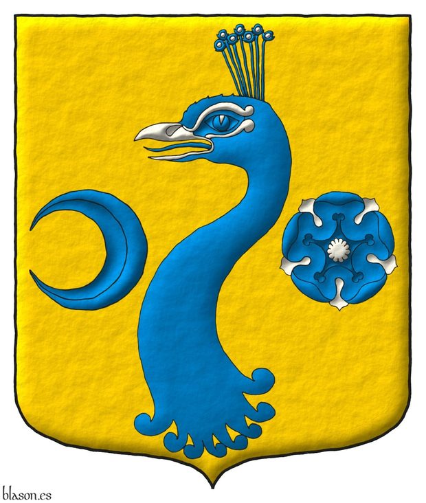 Escudo de oro, una cabeza de pavo real arrancada de azur, picada de plata, acompaada a la diestra de un creciente tornado de azur y a la siniestra de una rosa de azur, barbada y botonada de plata.