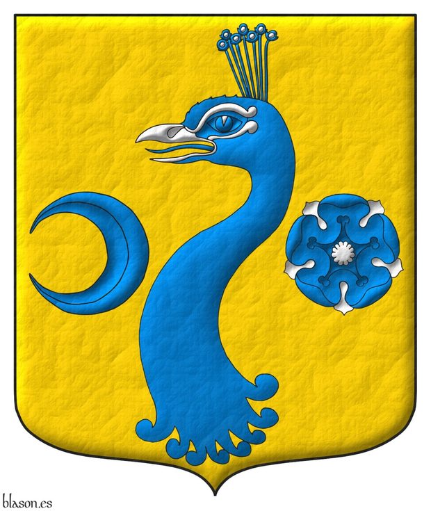 Or, a peacocks head erased Azure, beaked Argent, between in dexter an increscent Azure and in sinister a rose Azure, barbed and seeded Argent.
