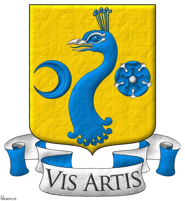 Or, a peacocks head erased Azure, beaked Argent, between in dexter an increscent Azure and in sinister a rose Azure, barbed and seeded Argent. Motto: Vis Artis Sable over a scroll Argent doubled Azure.