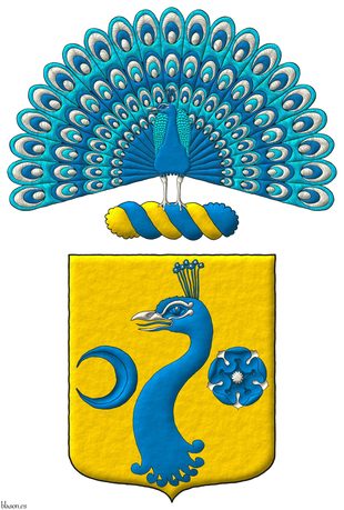 Escudo de oro, una cabeza de pavo real arrancada de azur, picada de plata, acompaada a la diestra de un creciente tornado de azur y a la siniestra de una rosa de azur, barbada y botonada de plata. Timbrado de un burelete de oro y azur, cimado de un pavo real ruante al natural.