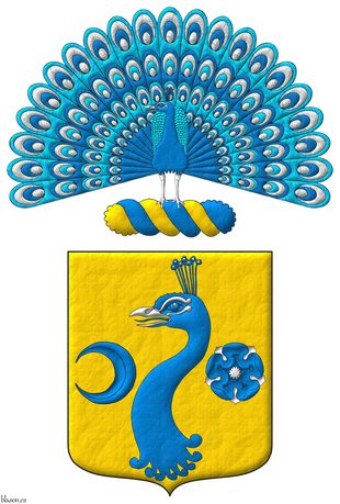 Or, a peacocks head erased Azure, beaked Argent, between in dexter an increscent Azure and in sinister a rose Azure, barbed and seeded Argent. Crest: Upon a wreath Or and Azure, a peacock in his splendour proper.
