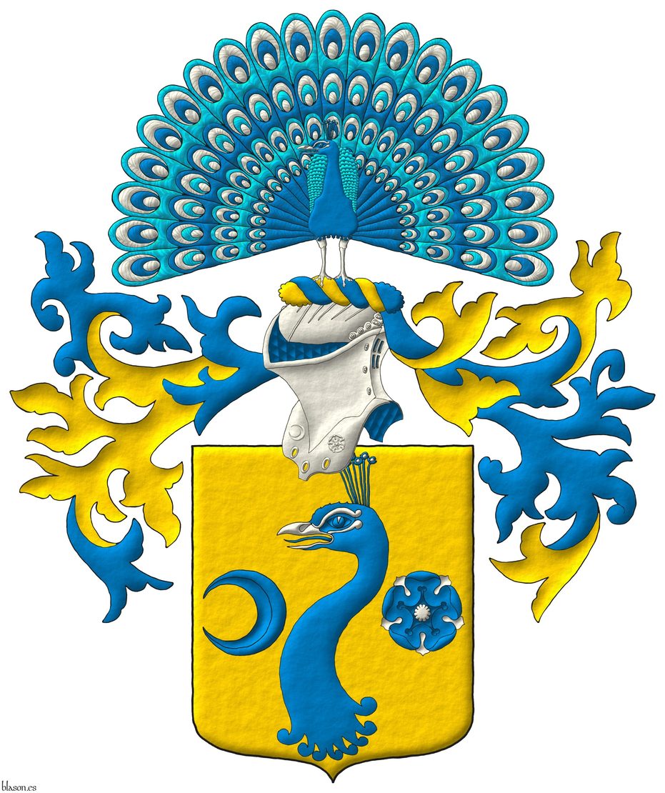 Escudo de oro, una cabeza de pavo real arrancada de azur, picada de plata, acompaada a la diestra de un creciente tornado de azur y a la siniestra de una rosa de azur, barbada y botonada de plata. Timbrado de un yelmo adornado de dos lambrequines de azur doblados de oro, un burelete de oro y azur, cimado de un pavo real ruante al natural.