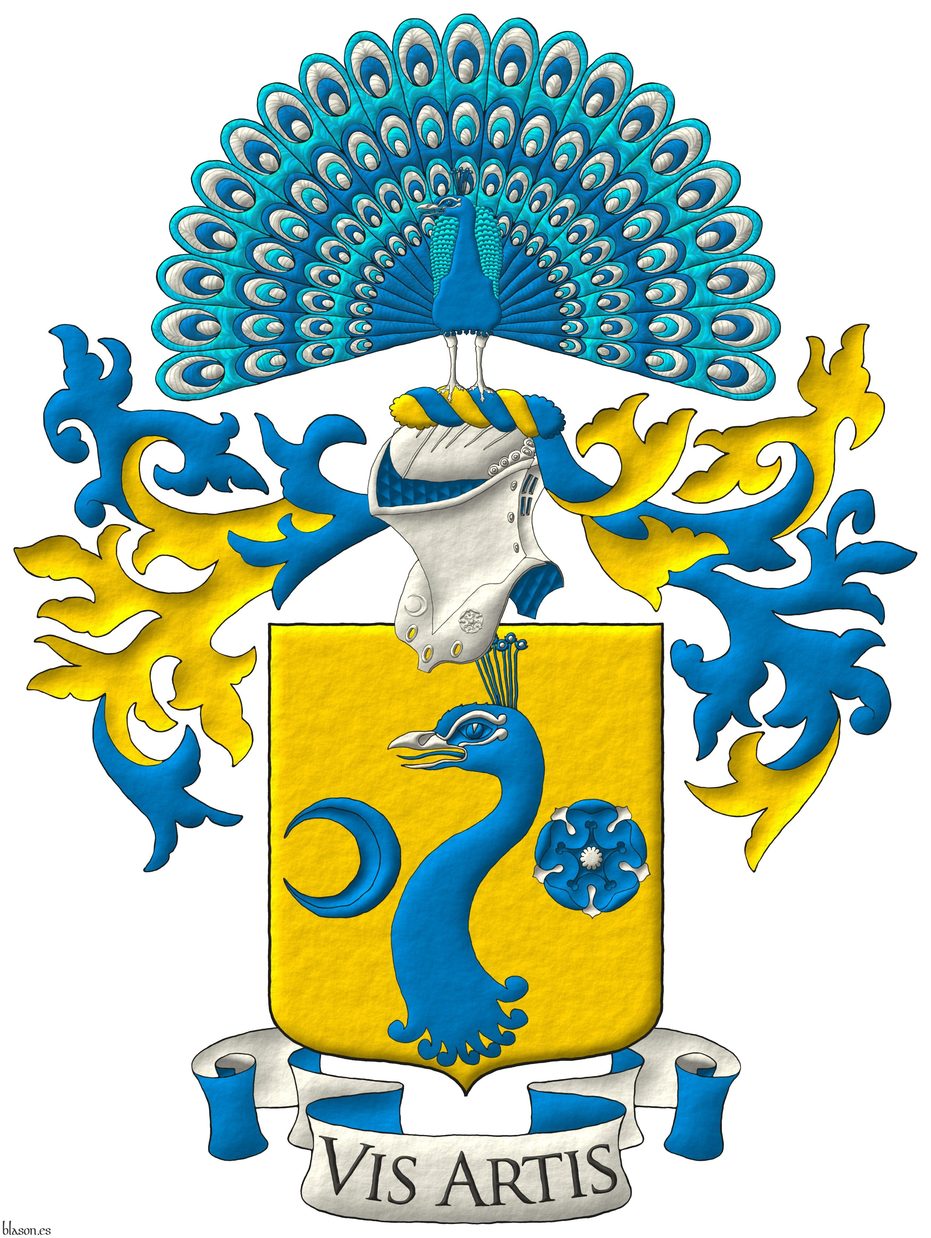 Escudo de oro, una cabeza de pavo real arrancada de azur, picada de plata, acompaada a la diestra de un creciente tornado de azur y a la siniestra de una rosa de azur, barbada y botonada de plata. Timbrado de un yelmo adornado de dos lambrequines de azur doblados de oro, un burelete de oro y azur, cimado de un pavo real ruante al natural. Lema: Vis Artis de sable sobre una filacteria de plata doblada de azur.