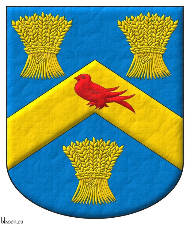 Escudo de azur, un cabrio de oro, cargado de una marleta de gules, acompaado de tres gavillas de trigo de oro, 2 y 1.