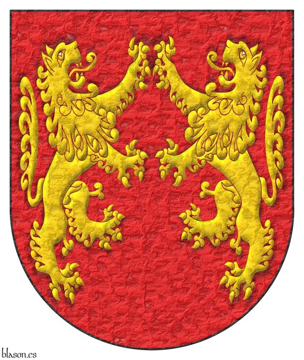 Escudo de gules, dos leones rampantes, afrontados de oro.