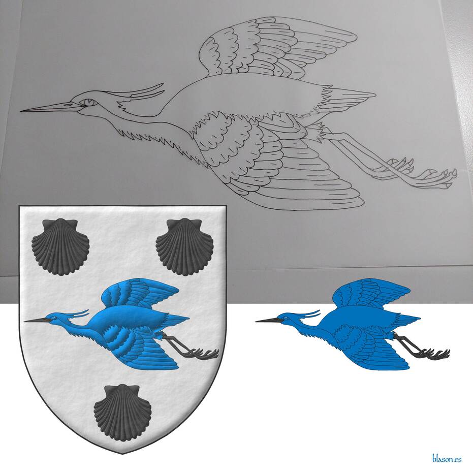 Argent, a heron volant Azure, beaked and membered between three escallops Sable.