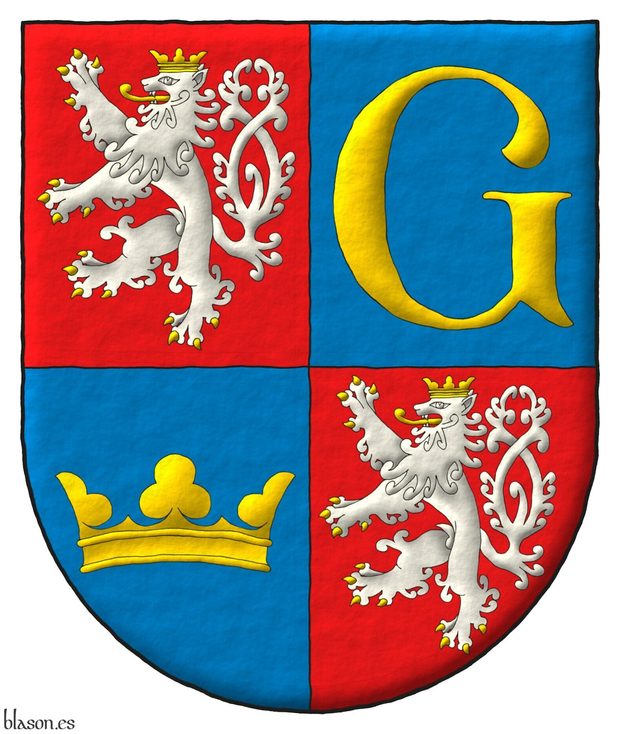 Escudo cuartelado: 1o y 4o de gules, un len rampante, de cola horquillada de plata, armado, lampasado y coronado de oro; 2o de azur, una letra G de oro; 3o de azur, una corona trebolada de oro