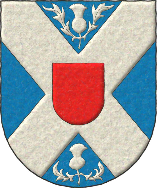 Escudo de azur: un sotuer de plata; dos cardos de plata, nuridos, uno en jefe y otro en punta; un escusn de gules.