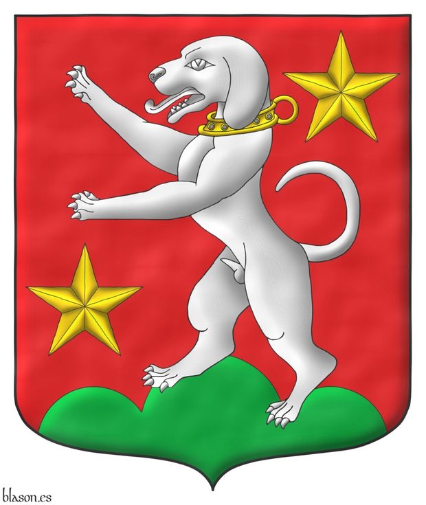Gules, on a trimount issuant from the base Vert, a talbot rampant Argent, collared Or, between two mullets in bend sinister Or.