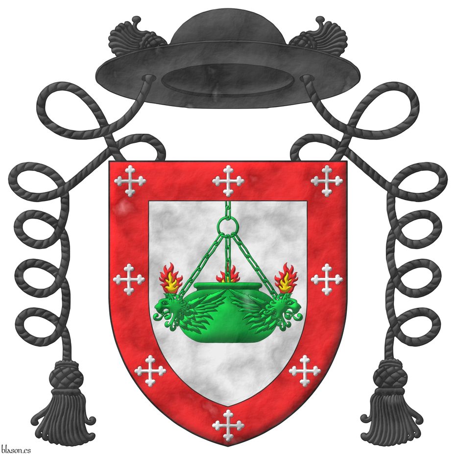 Argent, a suspended oil lamp of three lions' heads erased and winged Vert, two heads visible, enflamed proper; a bordure Gules, charged with eight crosses botonny Argent. Crest: A galero with two cords, one on each side, each with a tassel Sable.