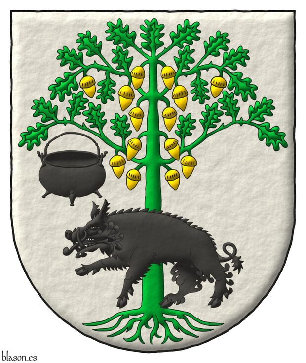 Argent, an oak eradicated Vert, fructed Or, to its dexter a cauldron, and in front of its trunk a boar passant Sable.