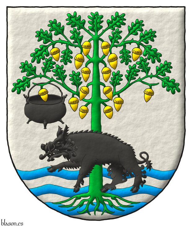 Argent, in base three bars wavy Azure, overall, an oak eradicated Vert, fructed Or, to its dexter a cauldron suspended from a branch, and in front of its trunk a boar passant Sable.