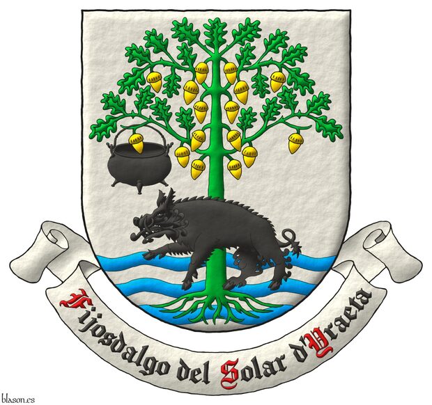 Argent, in base three bars wavy Azure, overall, an oak eradicated Vert, fructed Or, to its dexter a cauldron suspended from a branch, and in front of its trunk a boar passant Sable. Motto: �Fijosdalgo del Solar d'Yraeta� depicted as Sable with initial letters Gules over a scroll Argent.