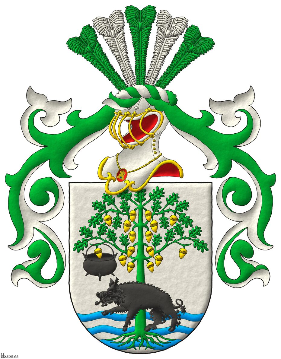 Argent, in base three bars wavy Azure, overall, an oak eradicated Vert, fructed Or, to its dexter a cauldron suspended from a branch, and in front of its trunk a boar passant Sable. Crest: Upon a helm in profile with visor bars Or, and a wreath Argent and Vert, five ostrich feathers alternately Vert and Argent. Mantling: Vert doubled Argent.