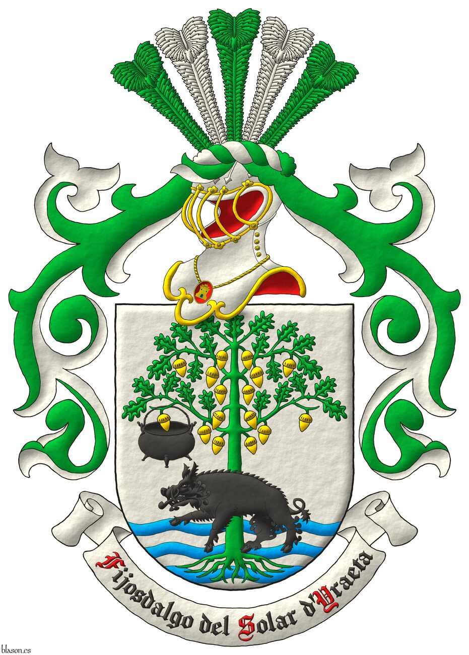 Argent, in base three bars wavy Azure, overall, an oak eradicated Vert, fructed Or, to its dexter a cauldron suspended from a branch, and in front of its trunk a boar passant Sable. Crest: Upon a helm in profile with visor bars Or, and a wreath Argent and Vert, five ostrich feathers alternately Vert and Argent. Mantling: Vert doubled Argent. Motto: �Fijosdalgo del Solar d'Yraeta� depicted as Sable with initial letters Gules over a scroll Argent.