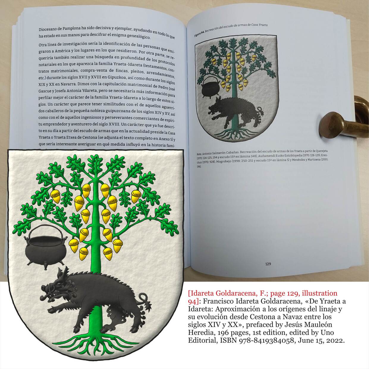 Argent, an oak eradicated Vert, fructed Or, to its dexter a cauldron, and in front of its trunk a boar passant Sable.