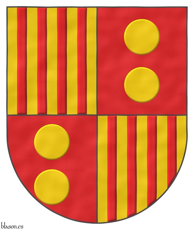 Escudo cuartelado: 1o y 4o de oro, cuatro palos de gules; 2o y 3o de gules, dos bezantes en palo de oro.