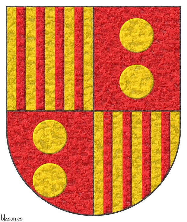 Escudo cuartelado: 1o y 4o de oro, cuatro palos de gules; 2o y 3o de gules, dos bezantes en palo de oro.