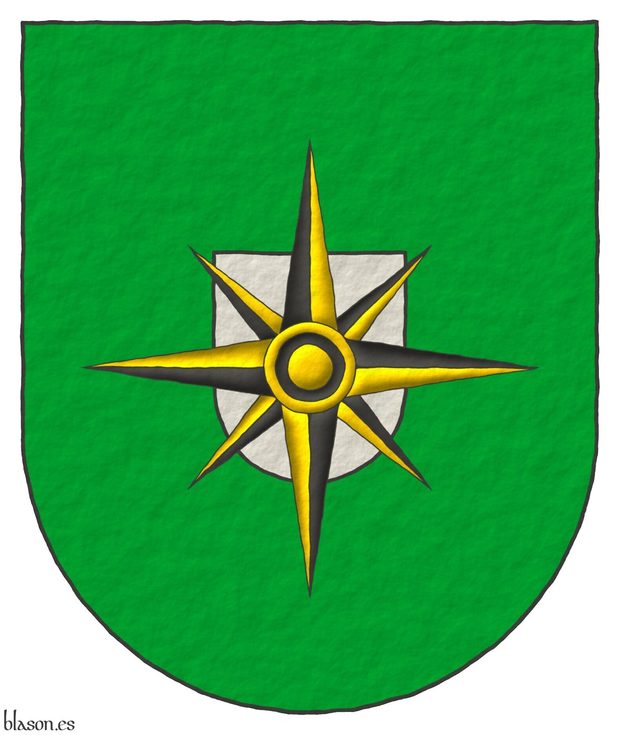 Vert, an inescutcheon Argent; overall a compass rose Sable and Or.