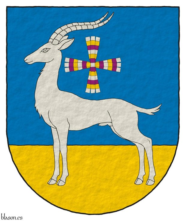 Azure, a terraze in base Or, overall a gazelle statant Argent accompanied in honour point by the cross of the Cruz family.