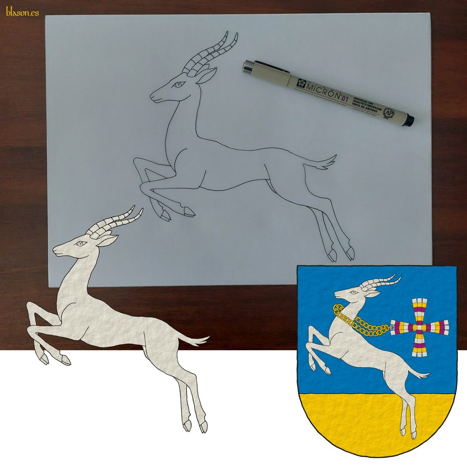 Azure, a terraze in base Or, overall a gazelle salient Argent, collared with a chain streaming to sinister Or conjoined to the cross of the Cruz family.