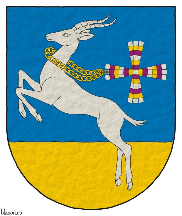 Azure, a terraze in base Or, overall a gazelle salient Argent, collared with a chain streaming to sinister Or conjoined to the cross of the Cruz family.