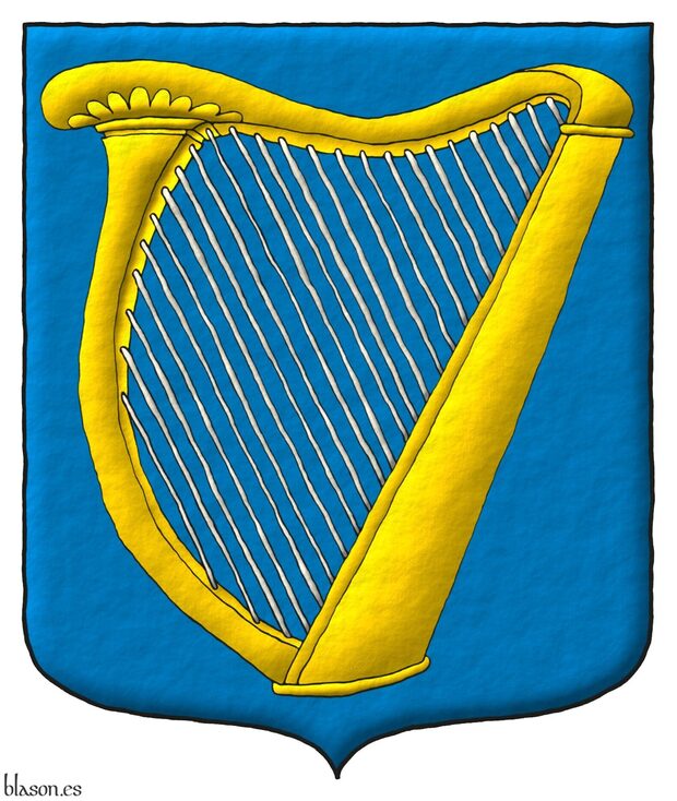 Escudo de azur, un arpa de oro, cordada de plata