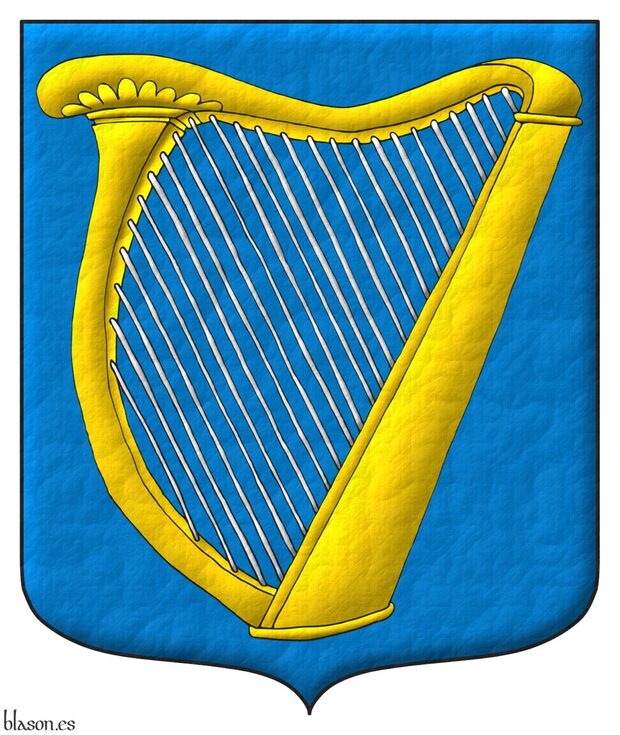 Azure, a harp Or, stringed Argent