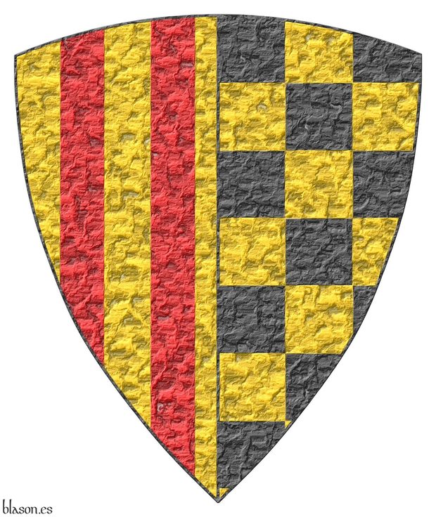 Escudo dimidiado: 1o de oro, cuatro palos de gules; 2o ajedrezado de oro y sable.