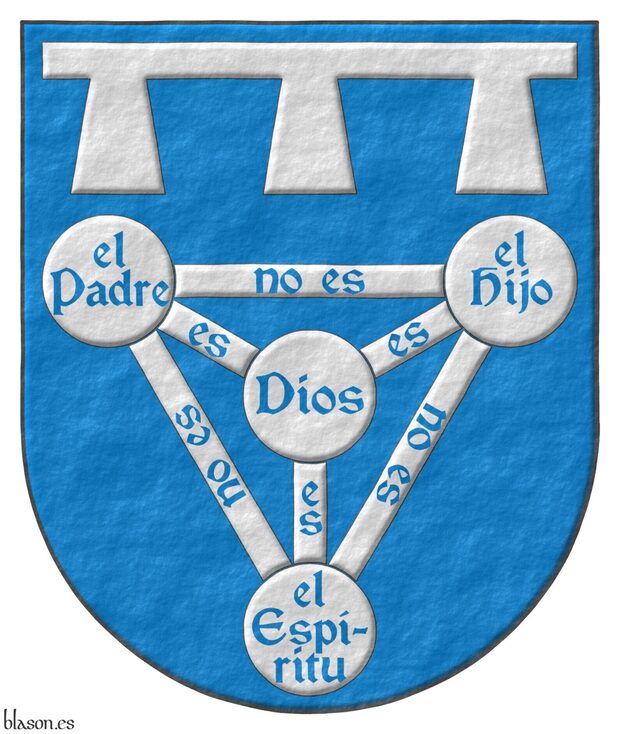 Escudo de azur, una perla cerrada de plata, cargada de cuatro bezantes de plata, el bezante 1o, en la diestra del jefe, cargado con el Padre de azur, el bezante 2o, en la siniestra del jefe, cargado con el Hijo de azur, el bezante 3o, en la punta, cargado con el Esptiru de azur y el bezante 4o, en el corazn, cargado con Dios de azur; las tres cotizas de la perla cargadas con es de azur y las tres cotizas de su cierre cargadas con no es de azur; brisado por un lambel de plata.