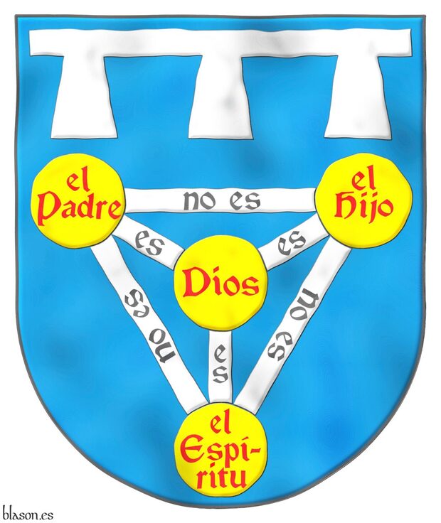 Escudo de azur, una perla cerrada de plata, cargada de cuatro bezantes de oro, el bezante 1o, en la diestra del jefe, cargado con el Padre de gules, el bezante 2o, en la siniestra del jefe, cargado con el Hijo de gules, el bezante 3o, en la punta, cargado con el Esptiru de gules y el bezante 4o, en el corazn, cargado con Dios de gules; las tres cotizas de la perla cargadas con es de sable y las tres cotizas de su cierre cargadas con no es de sable; brisado por un lambel de plata.