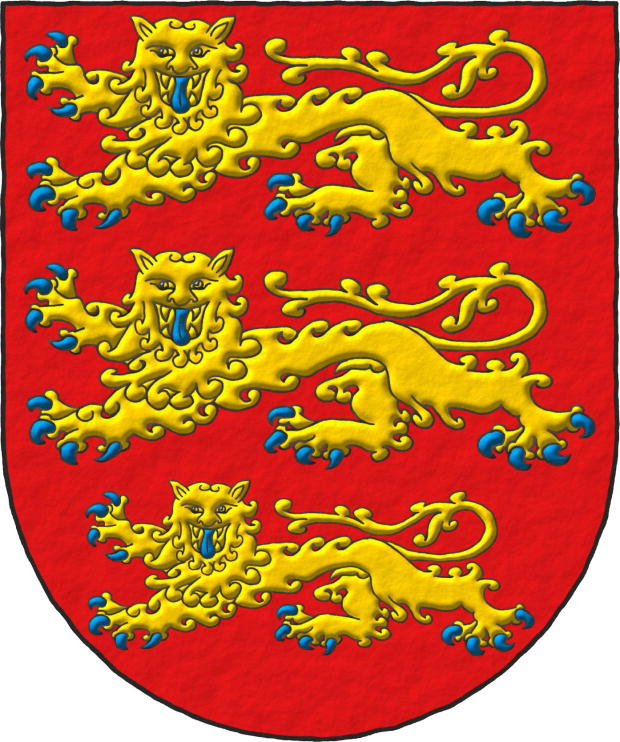 Escudo de gules, tres leopardos en palo de oro, armados y lampasados de azur.