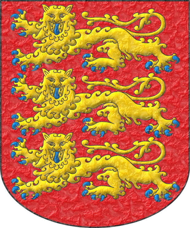 Escudo de gules, tres leopardos en palo de oro, armados y lampasados de azur.