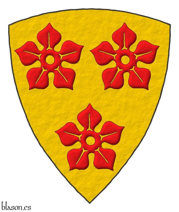 Or, three cinquefoils Gules.