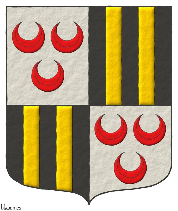 Quarterly: 1 and 4 Argent, three crescents Gules; 2 and 3 Sable, two pallets Or.